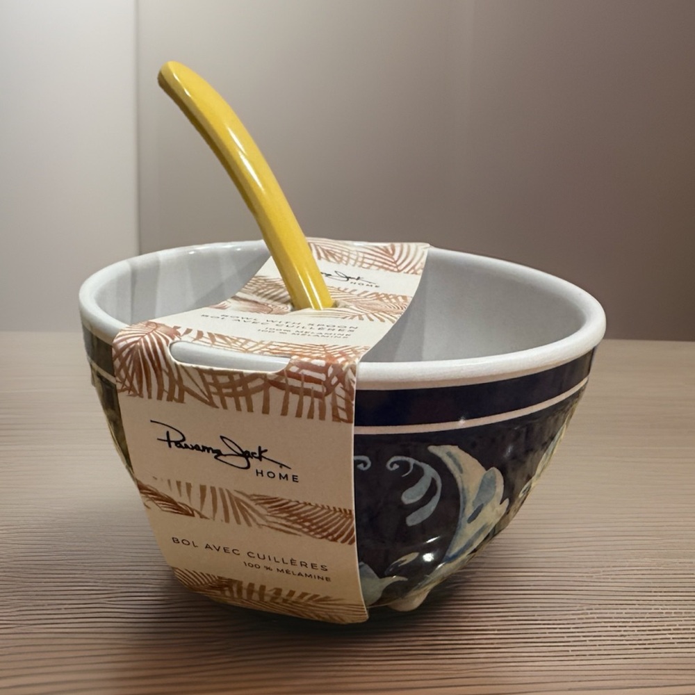 Panama Jack Home Condiment Footed Bowl with Yellow Spoon Set 100% Melamine NEW